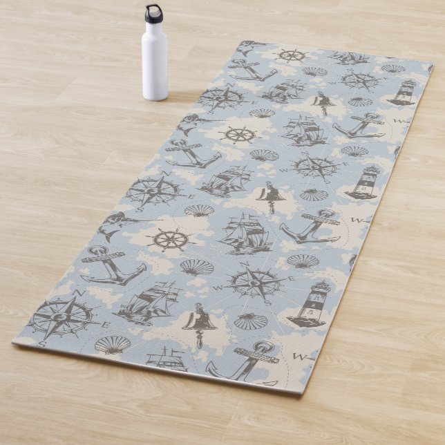 Nostalgic nautical themed blue pattern yoga mat (In Situ)