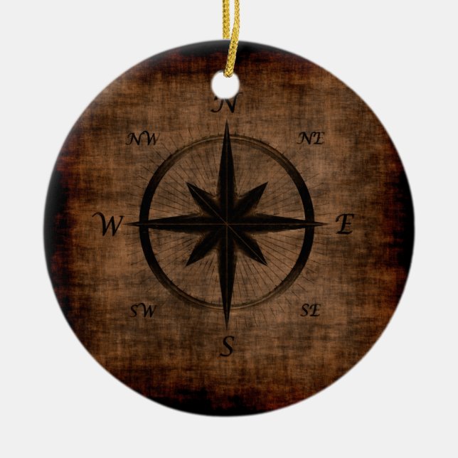 Nostalgic Old Compass Rose Design Ceramic Tree Decoration (Front)