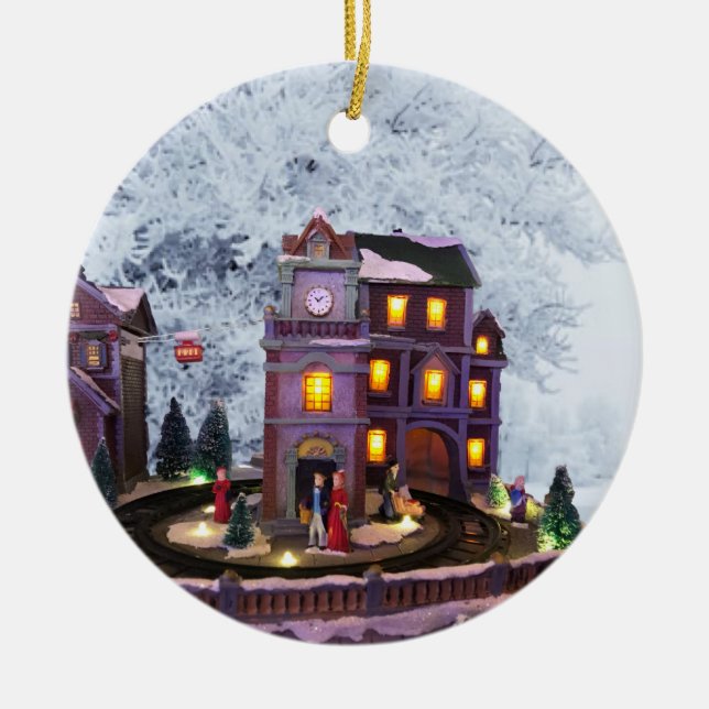 Nostalgic Old Fashioned House against Snow Scene Ceramic Ornament (Front)