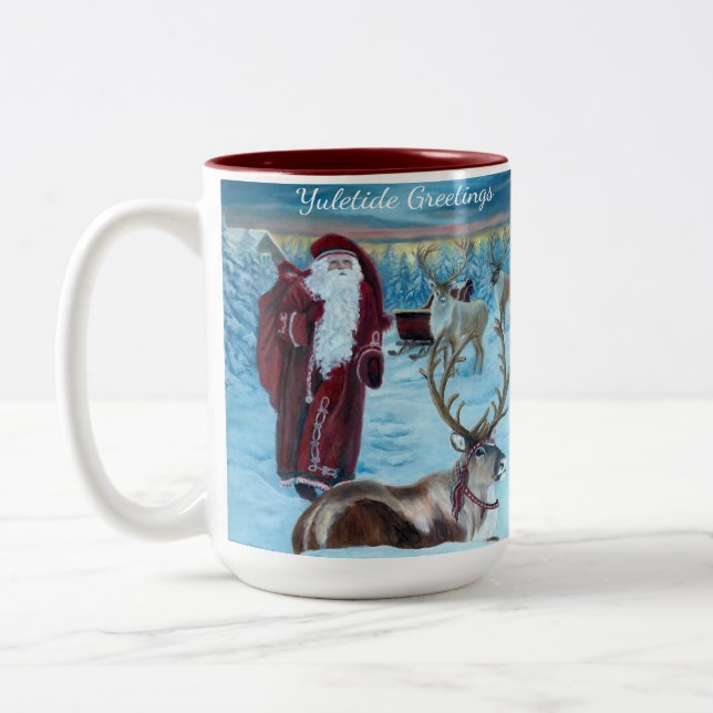 Nostalgic Painted Santa and Reindeer 15 oz. Mug  (Left)