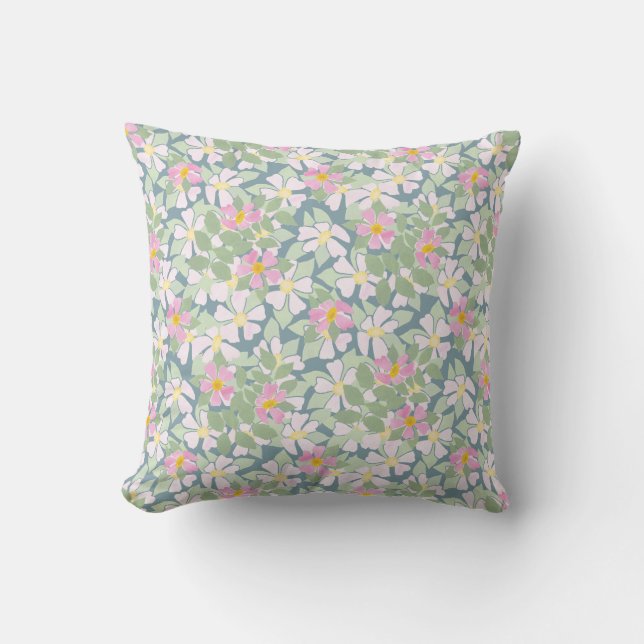 Nostalgic Pink Dog Roses Floral on Deep Blue Cushion (Front)