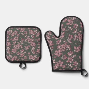 Nostalgic Pink Floral French Country Oven Mitt & Pot Holder Set