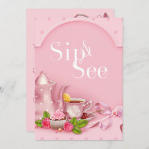 Nostalgic Pink Tea Party  Sip and See Baby Shower Invitation