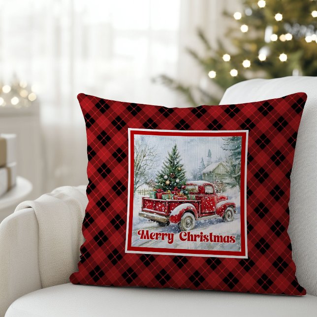 Nostalgic red truck holiday scene rustic Christmas Cushion (Nostalgic red truck holiday scene rustic Christmas pillow

)