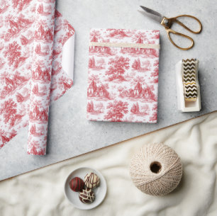 Nostalgic Red Vintage Countryside Illustrations Wrapping Paper