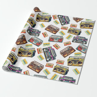 Nostalgic retro boomboxes and cassette tapes wrapping paper