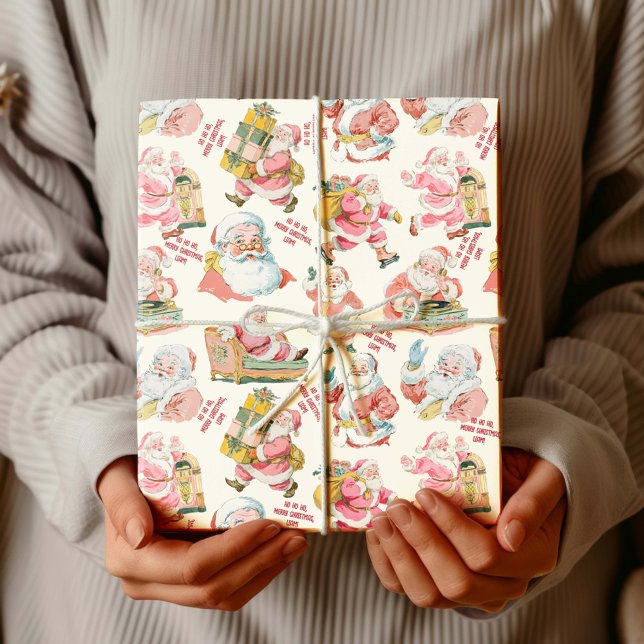 Nostalgic Retro Santa Claus-Christmas in Cream Wrapping Paper (Retro Groovy Santa Claus-Festive Christmas Wrapping paper. Holiday Winter Gift wrapping set)