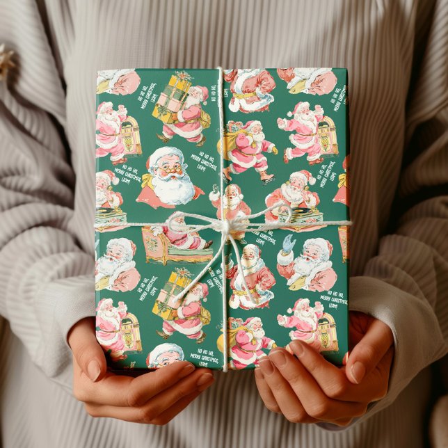 Nostalgic Retro Santa Claus-Christmas in Green Wrapping Paper (Nostalgic Retro Santa Claus-Christmas in Green personalized name, gift wrapping set)