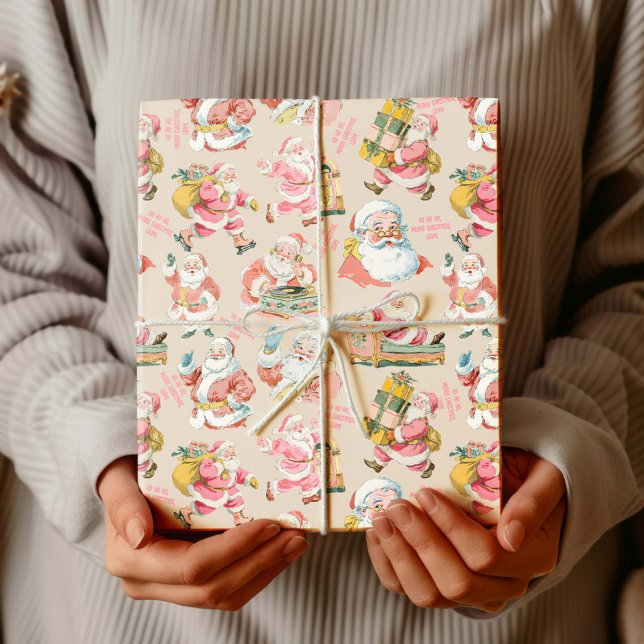 Nostalgic Retro Santa Claus-Christmas in Pink Wrapping Paper (Santa Claus themed Christmas Wrapping paper set)