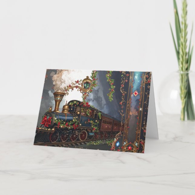 Nostalgic Romantic Victorian Christmas Train Holiday Card (Front)