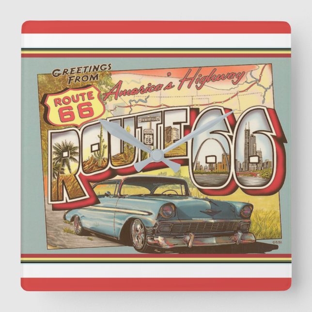 Nostalgic Route 66 Square Wall Clock (Front)