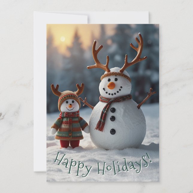 Nostalgic Snowman & Cheerful Snow-Child Holiday Card (Front)