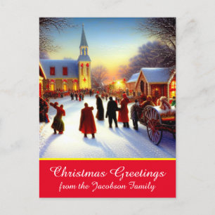 Nostalgic Village Churchgoers Christmas Greetings Holiday Postcard
