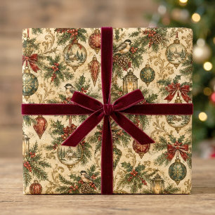 Nostalgic Vintage Christmas Birds and Ornaments Wrapping Paper