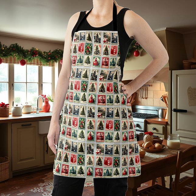 Nostalgic vintage Christmas stamps pattern Apron (Creator Uploaded)