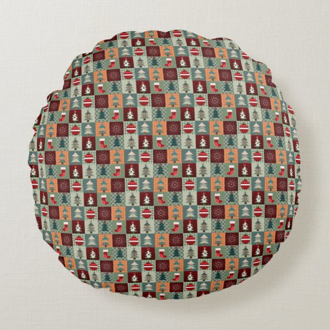 Nostalgic Vintage Holiday Patchwork Quilt Round Cushion (Front)