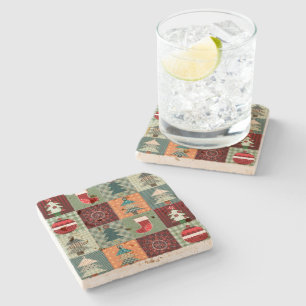 Nostalgic Vintage Holiday Patchwork Quilt Stone Coaster