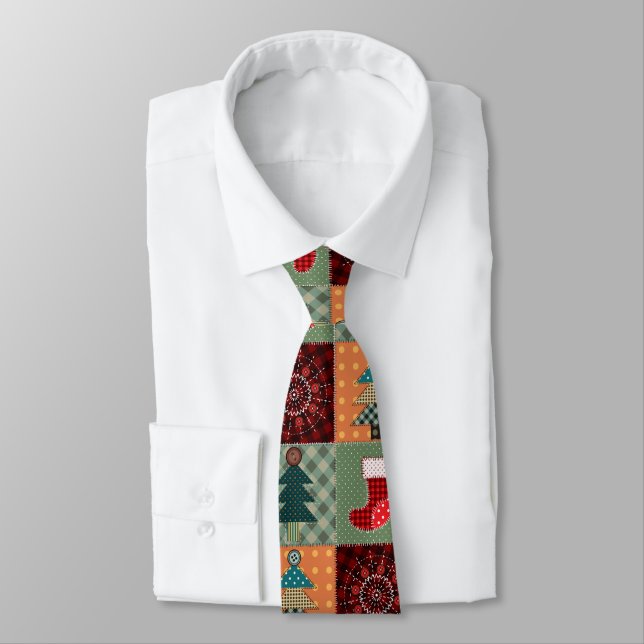 Nostalgic Vintage Holiday Patchwork Quilt Tie (Tied)