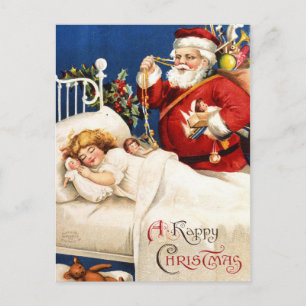Nostalgic vintage Santa with sleeping girl Holiday Postcard