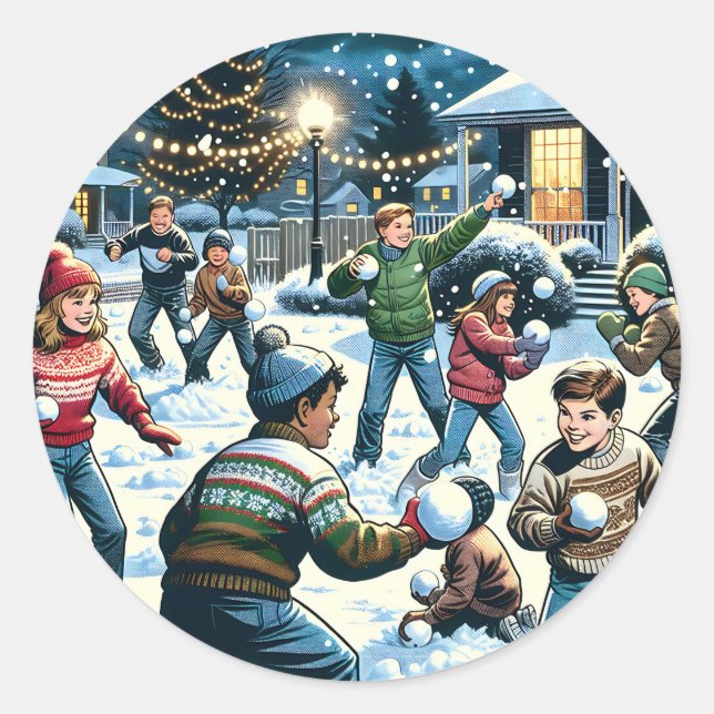Nostalgic Winter Scene | Children's Snowball Fight Classic Round Sticker (Front)