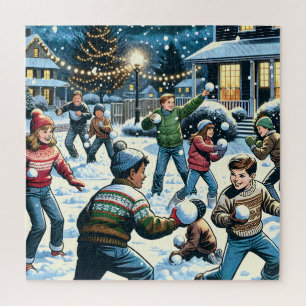 Nostalgic Winter Scene   Children's Snowball Fight Jigsaw Puzzle