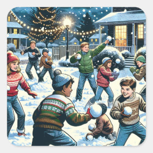 Nostalgic Winter Scene   Children's Snowball Fight Square Sticker