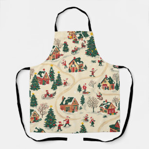 Nostalgic Winter Village Red Green Gold Pattern Apron