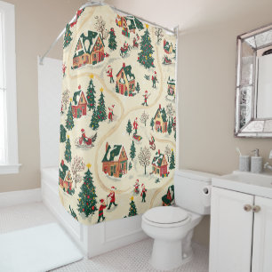 Nostalgic Winter Village Red Green Gold Pattern Shower Curtain