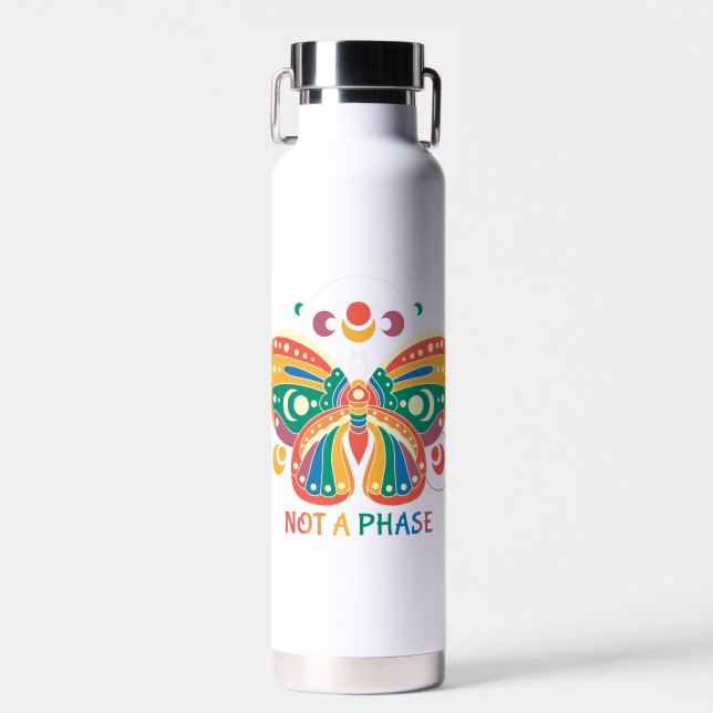 Not A Phase – Colourful Butterfly LGBTQ Pride Water Bottle (Front)