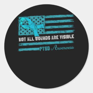 Not All Wounds Visible PTSD Awareness Ribbon Ameri Classic Round Sticker