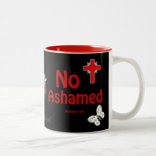 Not Ashamed Cross & Butterflies gotGod316.com Two-Tone Coffee Mug (Right)