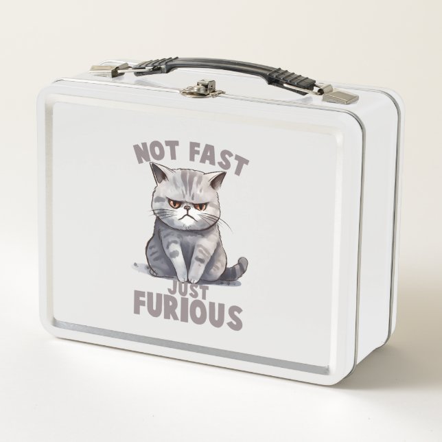 Not Fast, Just Furious – Grey Cat Humour Metal Lunch Box (Front)