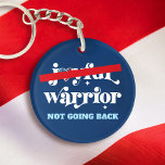 Not Going Back Warrior Type USA Flag Heart Navy Key Ring<br><div class="desc">No more “Joyful Warrior”. Not going back. Not my president. Take a stand and support democracy and your fellow women with this graphic, patriotic acrylic keychain. Whimsical white calligraphy typography, a red “no” bar and a rustic wood American flag heart overlay a navy blue background. Change the copy if you...</div>