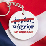 Not Going Back Warrior Type USA Flag Heart White Key Ring<br><div class="desc">No more “Joyful Warrior”. Not going back. Not my president. Take a stand and support democracy and your fellow women with this graphic, patriotic acrylic keychain. Whimsical navy blue calligraphy typography, a red “no” bar and a rustic wood American flag heart overlay a clean white background. Change the copy if...</div>