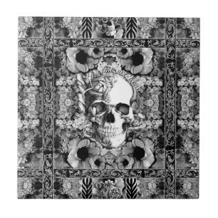 Not here, ornate skull and poppies pattern ceramic tile