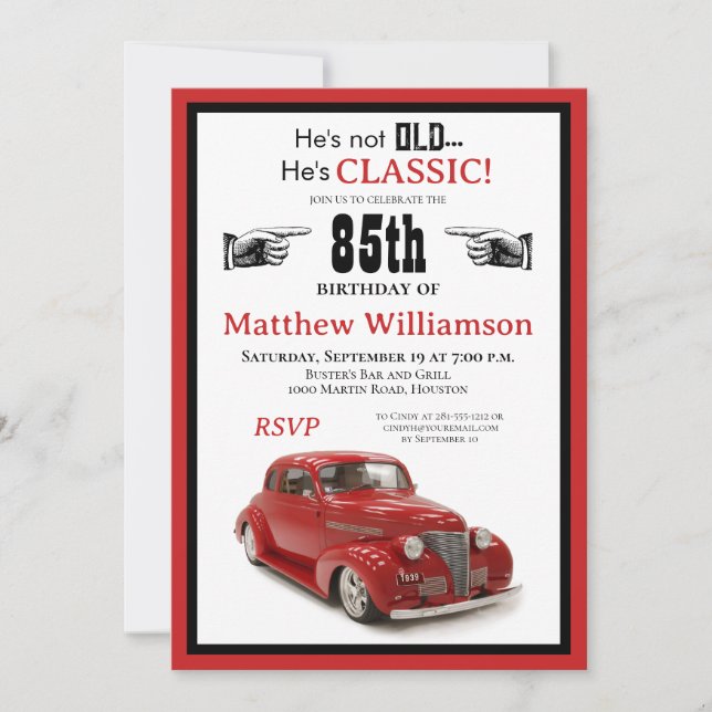 Not Old But Classic Red 1939 Coupe Border Birthday Invitation (Front)