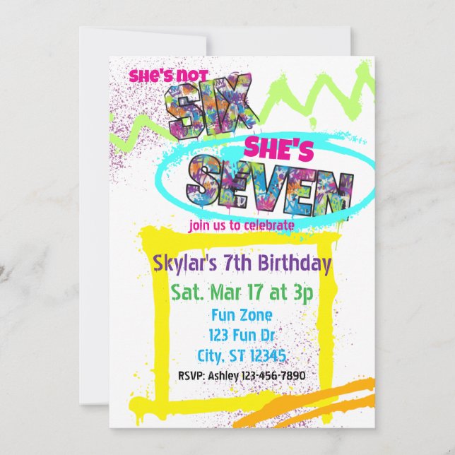 not SIX, SEVEN Spray-paint Colourful 7th Birthday Invitation (Front)