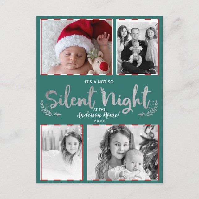 Not So Silent Night Teal Silver 4 Photo Holiday Postcard (Front)