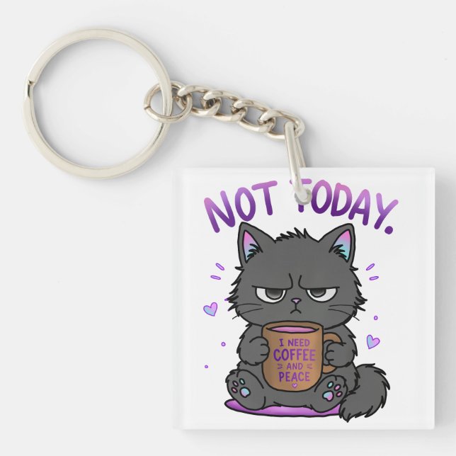 Not Today Grumpy Cat Coffee Lover Cute Funny Cat Key Ring (Front)