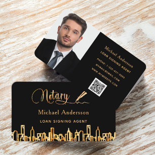 Notary agent black gold skyline QR code photo Business Card