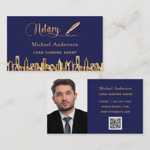 Notary agent navy blue gold skyline QR code photo Business Card