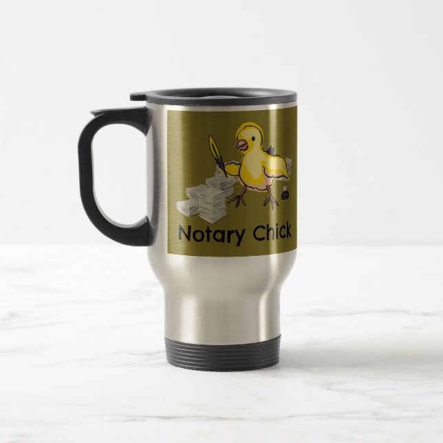 Notary Chick with Feather Quill and Documents Travel Mug (Left)