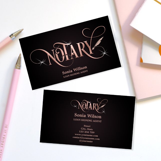 Notary elegant rose gold mortgage loan pen busines business card (Creator Uploaded)