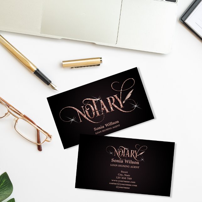 Notary elegant rose gold mortgage loan pen busines business card (Creator Uploaded)