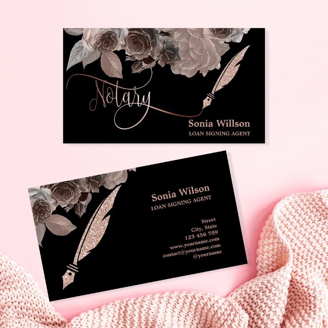 Notary elegant rose gold typography feather pen business card (Creator Uploaded)