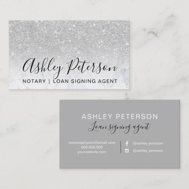 Notary elegant typography marble silver glitter business card (Front/Back)