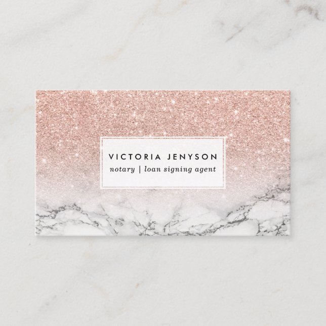 Notary faux rose pink glitter ombre white marble business card (Front)