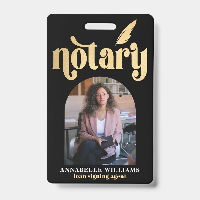 Notary Gold & Black Typography Photo Badge ID Badge (Front)