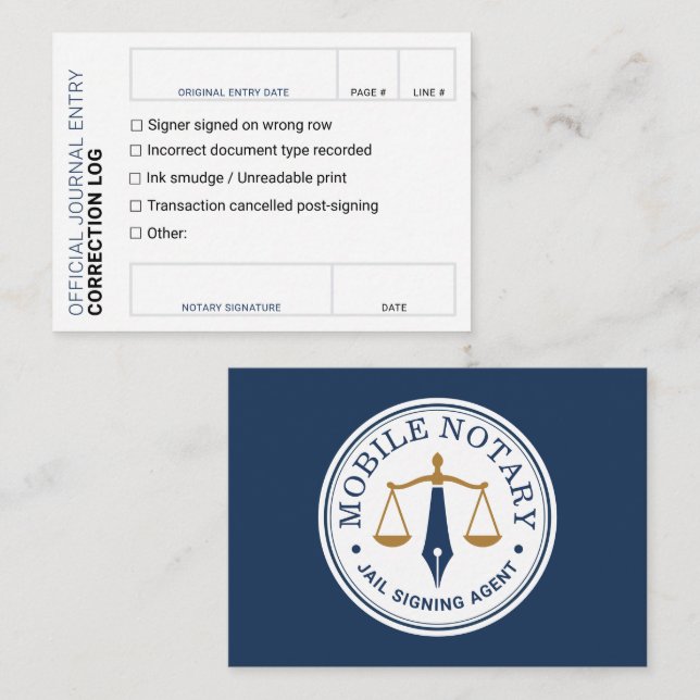 Notary Journal Error Correction Log Navy Gold Card (Front/Back)