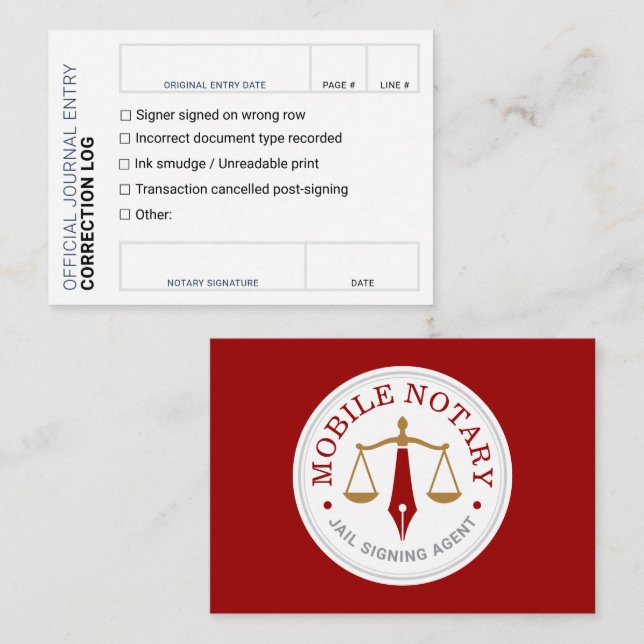 Notary Journal Error Correction Log red card (Front/Back)
